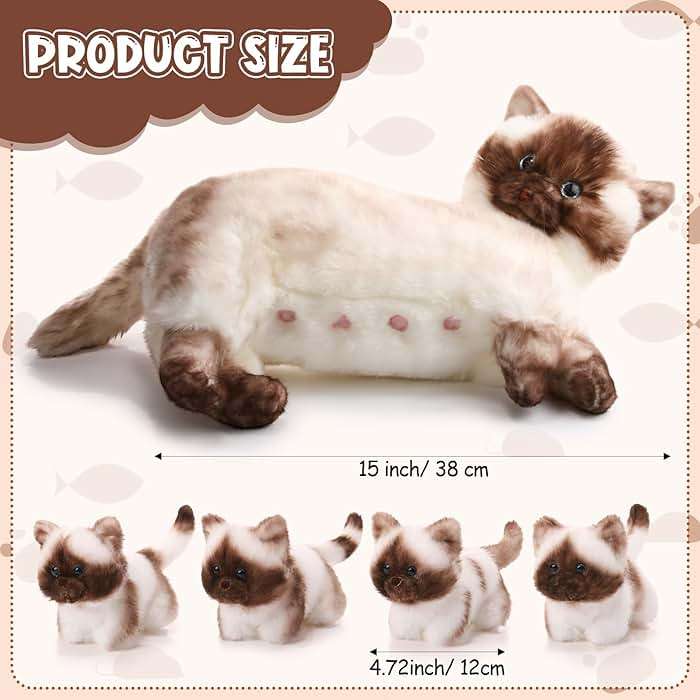 Skylety Nurturing Siamese Cat Stuffed Animal with 4 Baby Kittens, Cat Baby Stuffed Animals Plushy Mommy Kitty with Plush Kittens for Birthday Party Favors Gifts - Image 3