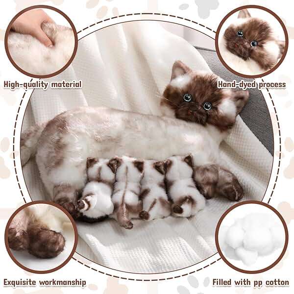 Skylety Nurturing Siamese Cat Stuffed Animal with 4 Baby Kittens, Cat Baby Stuffed Animals Plushy Mommy Kitty with Plush Kittens for Birthday Party Favors Gifts - Image 4