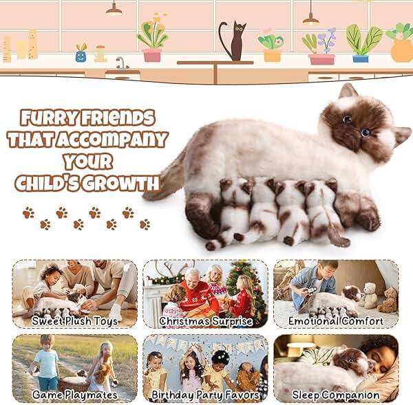 Skylety Nurturing Siamese Cat Stuffed Animal with 4 Baby Kittens, Cat Baby Stuffed Animals Plushy Mommy Kitty with Plush Kittens for Birthday Party Favors Gifts - Image 6