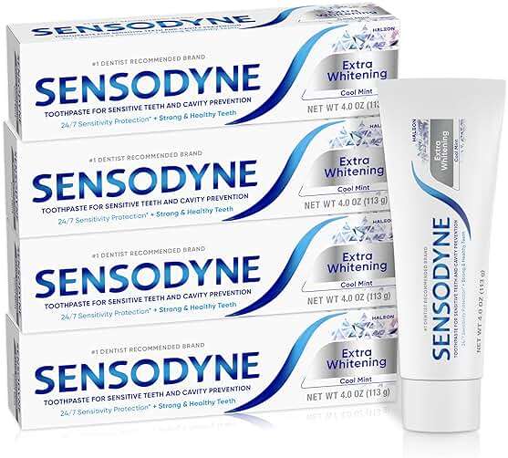 Sensodyne Extra Whitening Sensitive Teeth and Cavity Prevention Whitening Toothpaste, Amazon Exclusive, Cool Mint, Amazon Exclusive- 4 Ounces (Pack of 4) - Image 1