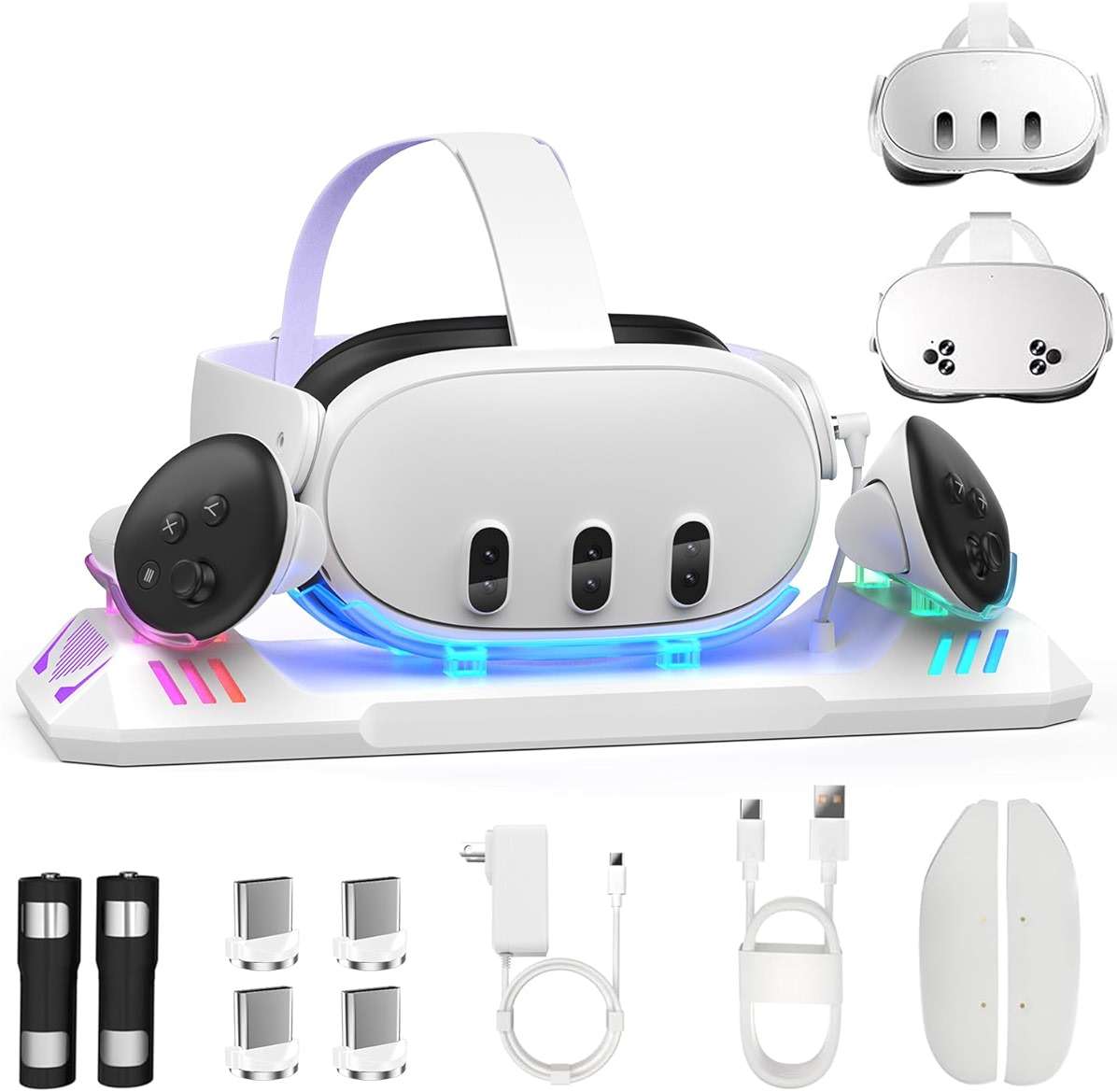 Charging Dock for Meta Quest 3S/Quest 3, Magnetic Charging Station for Oculus Quest 3 VR Headset & Controllers, with 2 Rechargeable 2100mAh Batteries, USB-C Charger and Cable, Supports LED Indicator - Image 1
