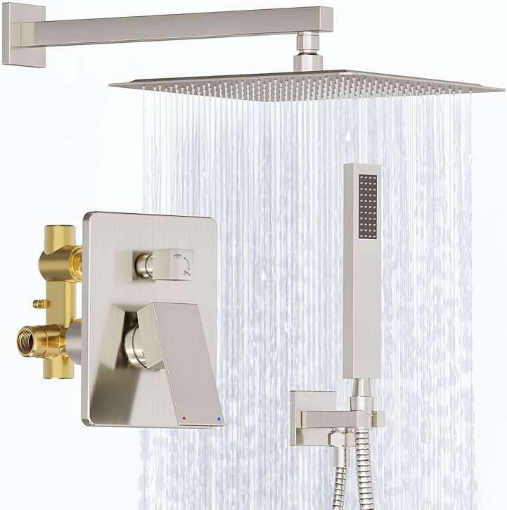 Kurpot Shower System, 12 Inch Bathroom Shower Faucet Set, Brushed Nickel Shower Head and Handle Set, Shower Faucet with Valve and Shower Trim Kit, High Pressure Rain Shower Head Set, Wall Mounted - Image 1