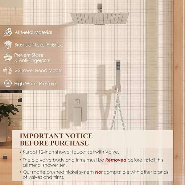 Kurpot Shower System, 12 Inch Bathroom Shower Faucet Set, Brushed Nickel Shower Head and Handle Set, Shower Faucet with Valve and Shower Trim Kit, High Pressure Rain Shower Head Set, Wall Mounted - Image 2