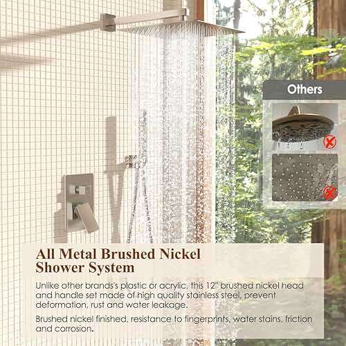 Kurpot Shower System, 12 Inch Bathroom Shower Faucet Set, Brushed Nickel Shower Head and Handle Set, Shower Faucet with Valve and Shower Trim Kit, High Pressure Rain Shower Head Set, Wall Mounted - Image 3