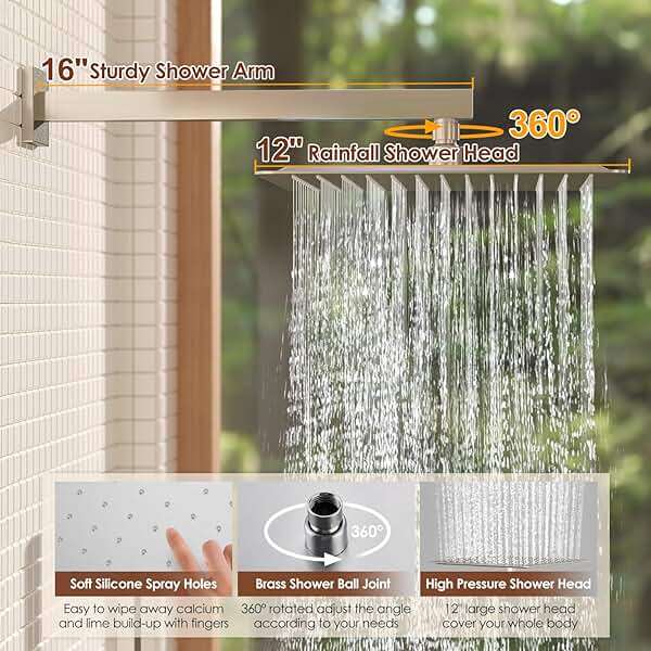 Kurpot Shower System, 12 Inch Bathroom Shower Faucet Set, Brushed Nickel Shower Head and Handle Set, Shower Faucet with Valve and Shower Trim Kit, High Pressure Rain Shower Head Set, Wall Mounted - Image 4