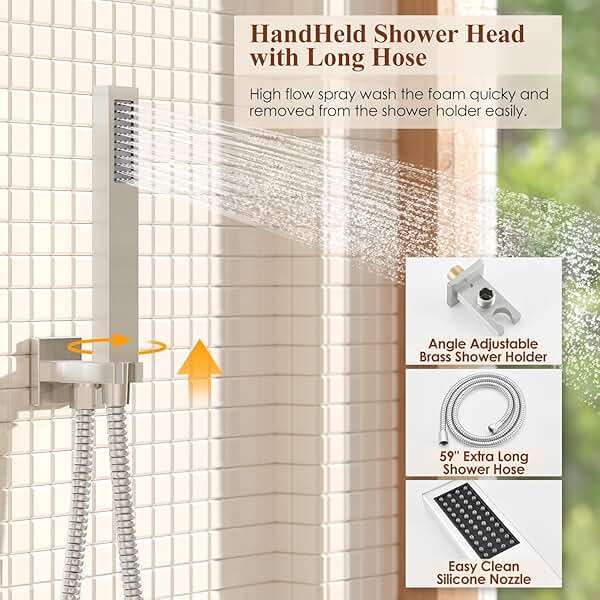 Kurpot Shower System, 12 Inch Bathroom Shower Faucet Set, Brushed Nickel Shower Head and Handle Set, Shower Faucet with Valve and Shower Trim Kit, High Pressure Rain Shower Head Set, Wall Mounted - Image 5