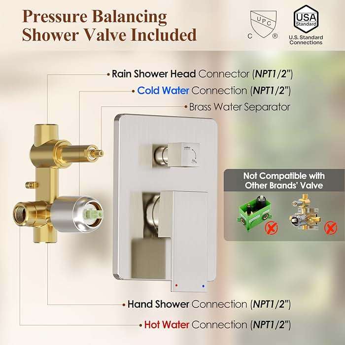 Kurpot Shower System, 12 Inch Bathroom Shower Faucet Set, Brushed Nickel Shower Head and Handle Set, Shower Faucet with Valve and Shower Trim Kit, High Pressure Rain Shower Head Set, Wall Mounted - Image 7