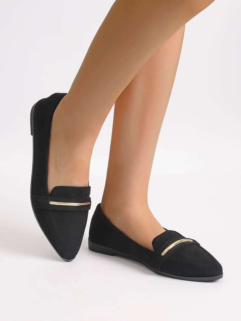 qibusleen Comfortable Leather Suede Slip On Loafer Flats for Women Casual Work Flat Shoes Women's Pointed Toe Penny Loafers Office Driving Ballet Flats - Image 4