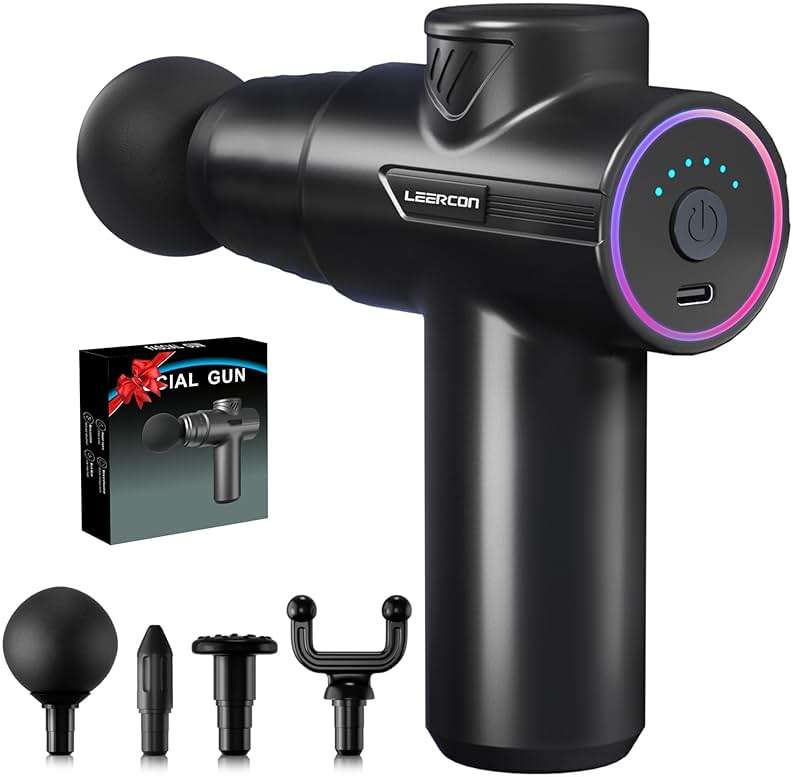 LEERCON Mini Massage Gun for Deep Tissue Pain Relief, Handheld Portable Percussion Muscle Massager with 6 Speeds & 4 Heads, Fascial Gun for Gym, Office & Travel - Gift for Dad, Mom, Athletes - Image 1