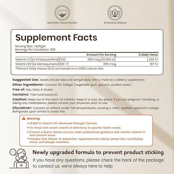 VEV Corefeel Vitamin D3 K2 10,000 IU, 200 mcg MK-7, 300 Coconut Oil Softgels, 2 in 1 Vitamins Supplement D & K (Include MK7), Easy to Swallow, Supports Calcium Absorption, Bone Health - Image 2