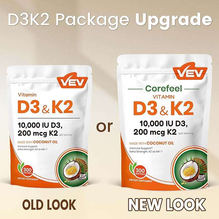 VEV Corefeel Vitamin D3 K2 10,000 IU, 200 mcg MK-7, 300 Coconut Oil Softgels, 2 in 1 Vitamins Supplement D & K (Include MK7), Easy to Swallow, Supports Calcium Absorption, Bone Health - Image 3