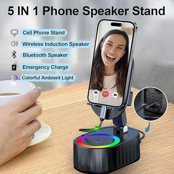 AKLLCCR Wireless Induction Audio Bluetooth Speaker 5in1 Phone Holder Emergency Rechargeable (3000mAh) with Colorful Ambient Light 300° Foldable for Tablet iPhone Android, Gifts for Men Women (Black) - Image 3