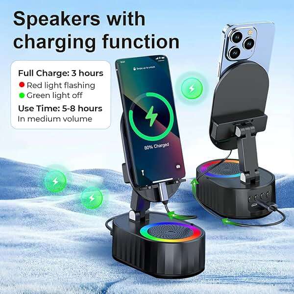 AKLLCCR Wireless Induction Audio Bluetooth Speaker 5in1 Phone Holder Emergency Rechargeable (3000mAh) with Colorful Ambient Light 300° Foldable for Tablet iPhone Android, Gifts for Men Women (Black) - Image 4