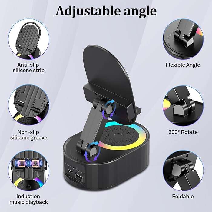 AKLLCCR Wireless Induction Audio Bluetooth Speaker 5in1 Phone Holder Emergency Rechargeable (3000mAh) with Colorful Ambient Light 300° Foldable for Tablet iPhone Android, Gifts for Men Women (Black) - Image 5