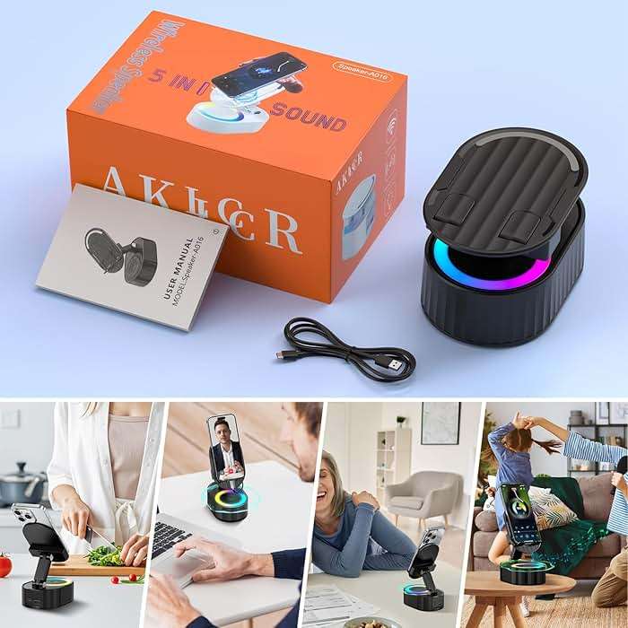AKLLCCR Wireless Induction Audio Bluetooth Speaker 5in1 Phone Holder Emergency Rechargeable (3000mAh) with Colorful Ambient Light 300° Foldable for Tablet iPhone Android, Gifts for Men Women (Black) - Image 8