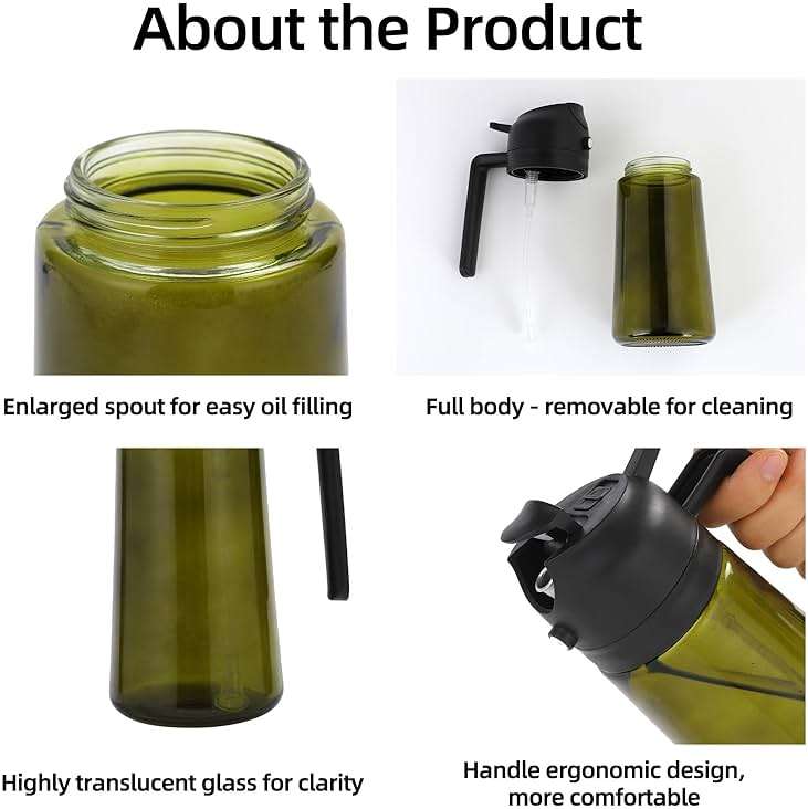 Aovdy Olive Oil Sprayer for Cooking, 2 In 1 Glass Oil Dispenser 16oz- 470ml Premium Spray Bottle for Kitchen Gadgets and Air Fryer Accessories, Salad, BBQ - Dark Green - Image 3