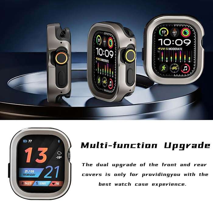 SDOCEBF 2 in 1 Metal Rugged Case for Apple Watch Ultra 3/2/1 Case 49mm, Aluminum Shockproof Protective Bumper with TPU Back Cover, Raised Edge Screen Protection, Titanium Original - Image 5