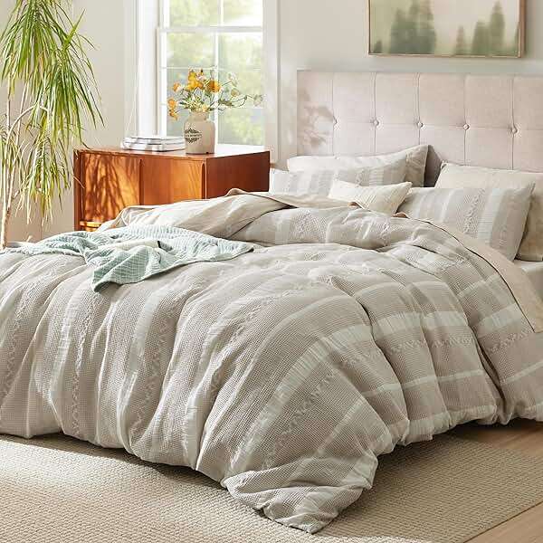 Bedsure Waffle Queen Comforter Set - Linen Soft Cotton Bedding Set for All Seasons, Stripe Fluffy Bed Set 3 Pieces with 1 Waffle Weave Comforter Queen Size and 2 Pillow Shams - Image 2