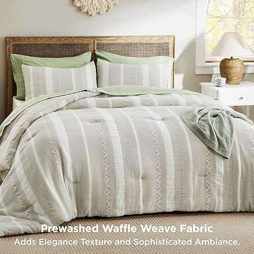 Bedsure Waffle Queen Comforter Set - Linen Soft Cotton Bedding Set for All Seasons, Stripe Fluffy Bed Set 3 Pieces with 1 Waffle Weave Comforter Queen Size and 2 Pillow Shams - Image 3