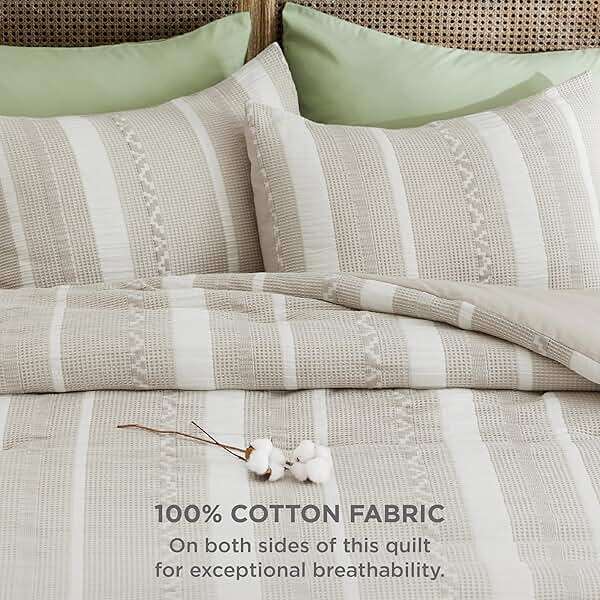 Bedsure Waffle Queen Comforter Set - Linen Soft Cotton Bedding Set for All Seasons, Stripe Fluffy Bed Set 3 Pieces with 1 Waffle Weave Comforter Queen Size and 2 Pillow Shams - Image 4