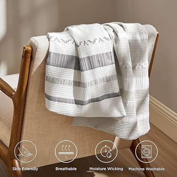 Bedsure Waffle Queen Comforter Set - Linen Soft Cotton Bedding Set for All Seasons, Stripe Fluffy Bed Set 3 Pieces with 1 Waffle Weave Comforter Queen Size and 2 Pillow Shams - Image 5