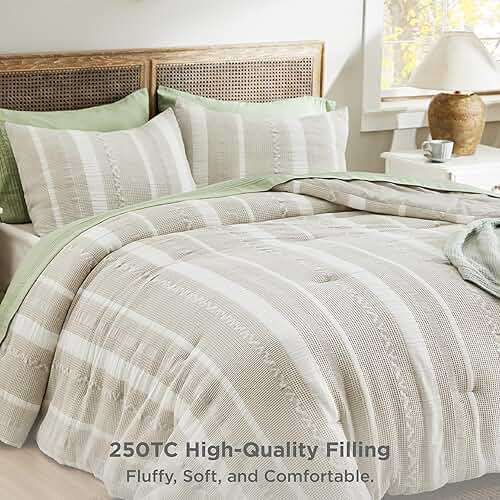 Bedsure Waffle Queen Comforter Set - Linen Soft Cotton Bedding Set for All Seasons, Stripe Fluffy Bed Set 3 Pieces with 1 Waffle Weave Comforter Queen Size and 2 Pillow Shams - Image 6