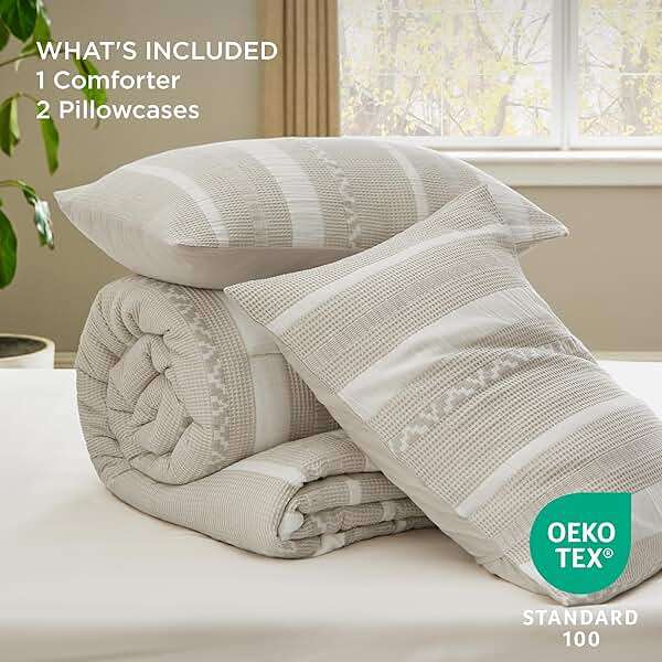 Bedsure Waffle Queen Comforter Set - Linen Soft Cotton Bedding Set for All Seasons, Stripe Fluffy Bed Set 3 Pieces with 1 Waffle Weave Comforter Queen Size and 2 Pillow Shams - Image 7