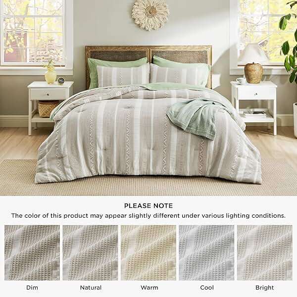 Bedsure Waffle Queen Comforter Set - Linen Soft Cotton Bedding Set for All Seasons, Stripe Fluffy Bed Set 3 Pieces with 1 Waffle Weave Comforter Queen Size and 2 Pillow Shams - Image 8