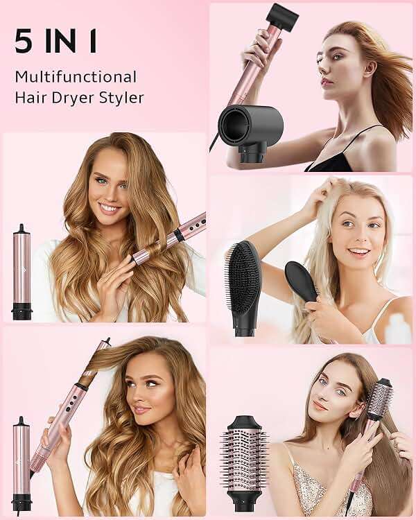 Brightup 5 in 1 Air Styler, 1400W High Speed Hair Dryer Brush, Professional Automatic Hair Curler with Cool Shot Button, 800 Million Ionic, No Heat Damage, with Travel Bag - Image 2