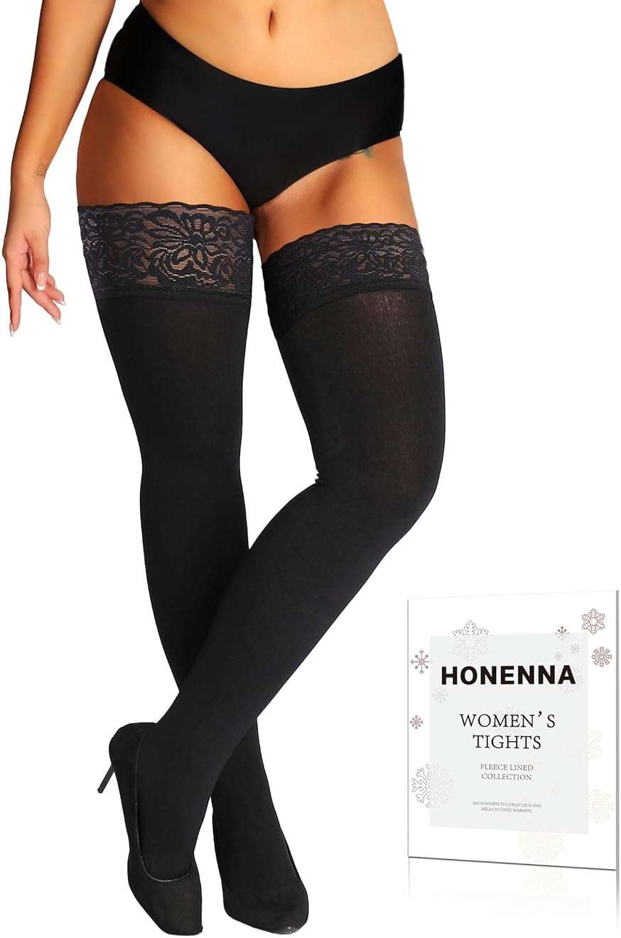 HONENNA Fleece Lined Thigh High Stockings, Stay Up Lace Top Opaque Winter Warm Tights for Women, medias térmicas mujer - Image 1