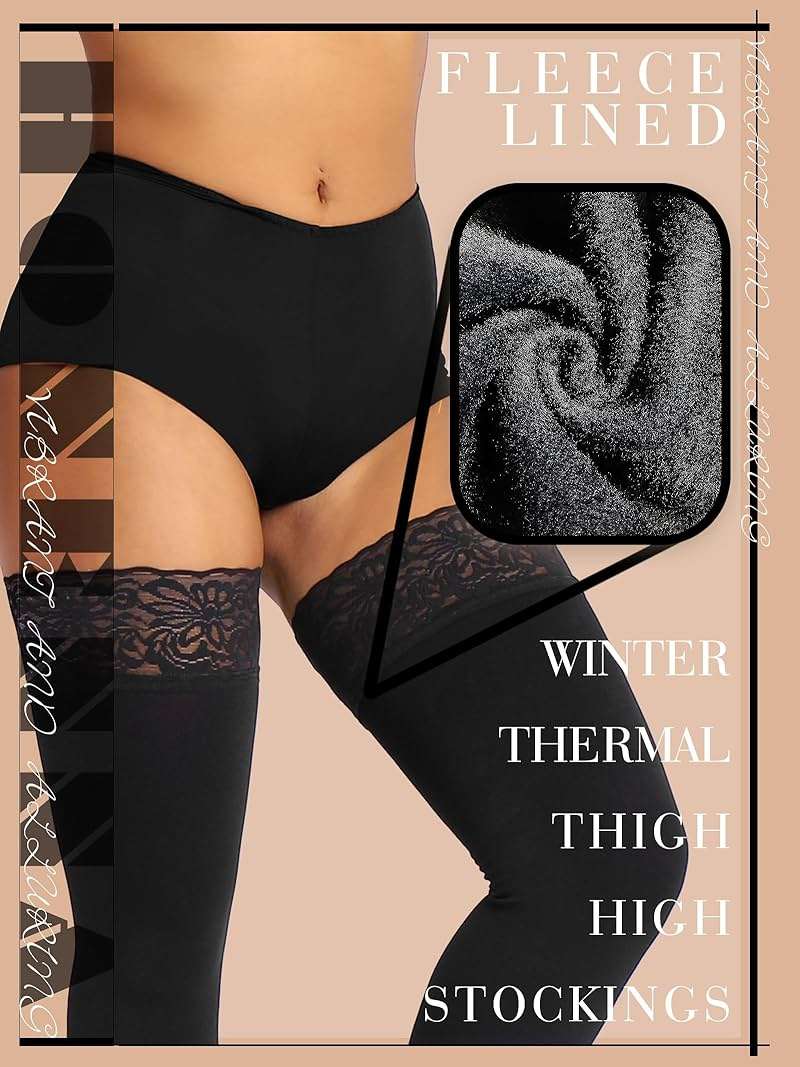 HONENNA Fleece Lined Thigh High Stockings, Stay Up Lace Top Opaque Winter Warm Tights for Women, medias térmicas mujer - Image 2