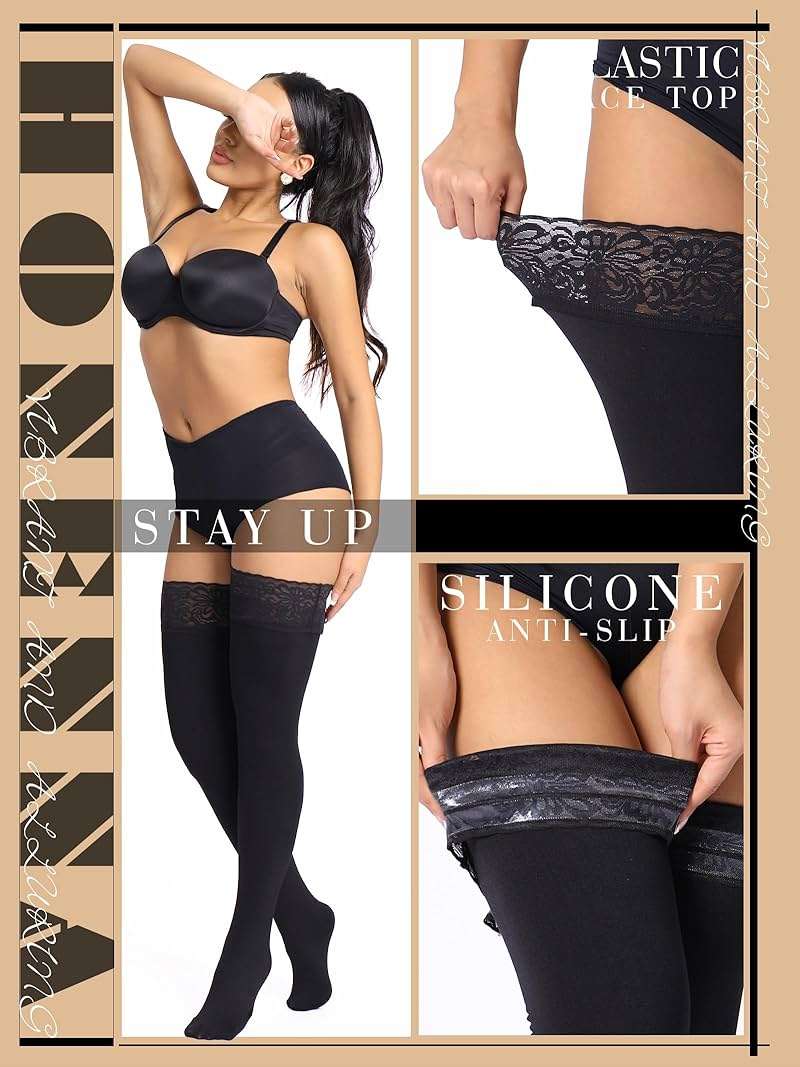 HONENNA Fleece Lined Thigh High Stockings, Stay Up Lace Top Opaque Winter Warm Tights for Women, medias térmicas mujer - Image 3