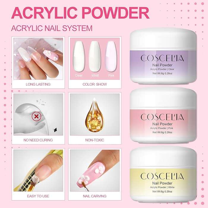 COSCELIA Acrylic Nail Kit for Beginners with Everything Professional Nails Kit Acrylic Set with Drill and U V Light Glitter Powder Decorations Rhinstones DIY Gifts for Women - Image 4