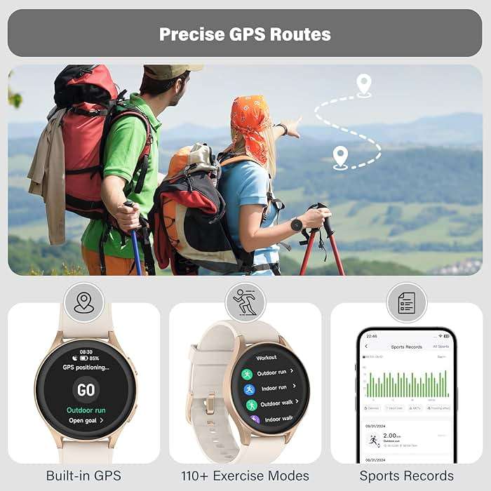 kececo Smartwatch, Built-in Alexa, GPS, VO2 Max, HRV, Blood Oxygen, Sleep Monitoring, Women's Health, Custom Reminders, Sports Tracking, 1.32" AMOLED, Compass, Altimeter (Bluetooth, Gold, 43mm) - Image 2