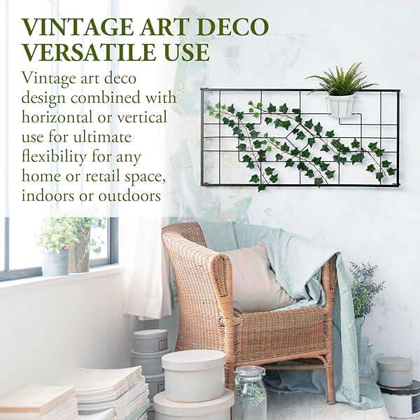 MyGift 3.9 ft Wall Mounted Garden Trellis, Metal Vintage Art Deco Lattice Hanging Support Frame for Climbing Plants and Crawling Vines, Horizontal Wall Hanging Planter Support - Image 4