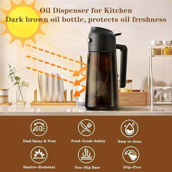 LAKUMIQI 2-in-1 Olive Oil Sprayer for Air Fryer – 16oz Glass Oil Dispenser & Cooking Oil Mister – Spray & Pour Bottle, Non-Aerosol, Leak-Resistant, for Salad, BBQ, Kitchen - Image 4