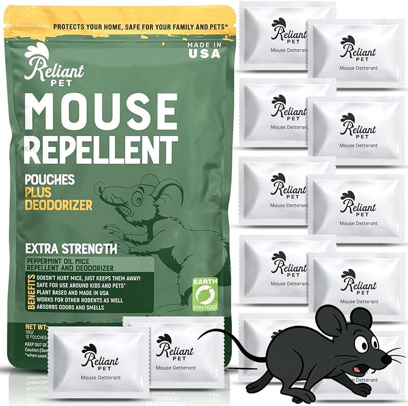 Reliant Pet Mouse Repellent Pouches - Rodent Repellent Made in USA (12 Pouches) - Keep Rodents Out of Cars Engines - Mice Repellent Indoor and Outdoor - Mouse Deterrents that Work with Peppermint Oil - Image 1