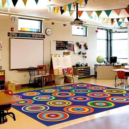 Large Classroom Rug Colorful Sit Spots Kids Rugs for Preschool Non Slip Floor Carpet Fun Playmat for Daycares Playroom Elementary Nursery Decor, Seats 20, 6'X8'4", Blue - Image 2