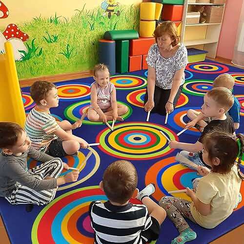 Large Classroom Rug Colorful Sit Spots Kids Rugs for Preschool Non Slip Floor Carpet Fun Playmat for Daycares Playroom Elementary Nursery Decor, Seats 20, 6'X8'4", Blue - Image 3