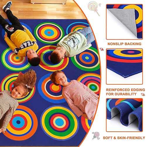 Large Classroom Rug Colorful Sit Spots Kids Rugs for Preschool Non Slip Floor Carpet Fun Playmat for Daycares Playroom Elementary Nursery Decor, Seats 20, 6'X8'4", Blue - Image 4