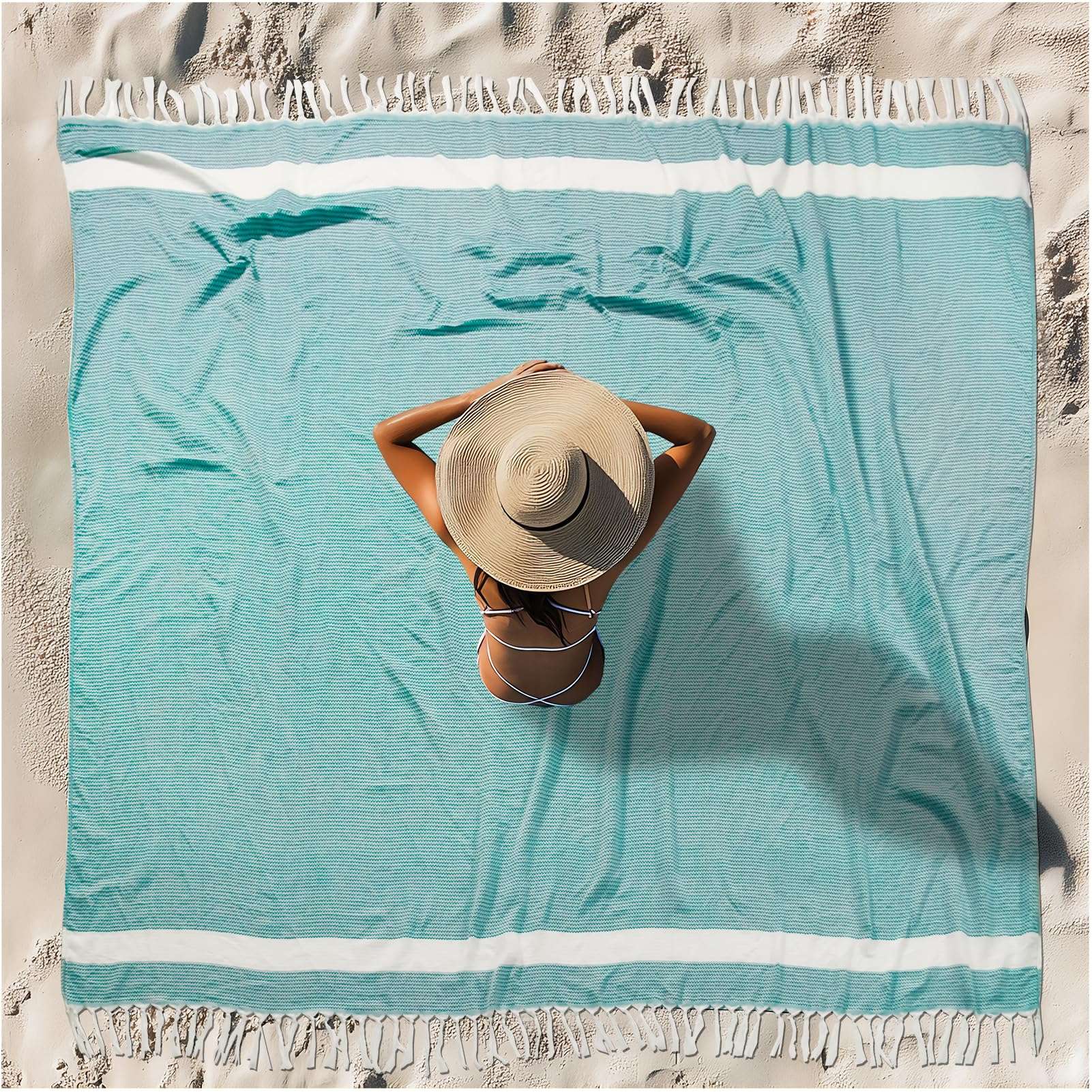 Oversized Turkish Beach Towel Blanket XXL Cotton Sandproof Towels Boho Woven Extra Large Big Sand Free Giant Throw Blankets Huge Quilt XL Picnic Camping Necessities Cloud For Adult Gifts Teal - Image 1