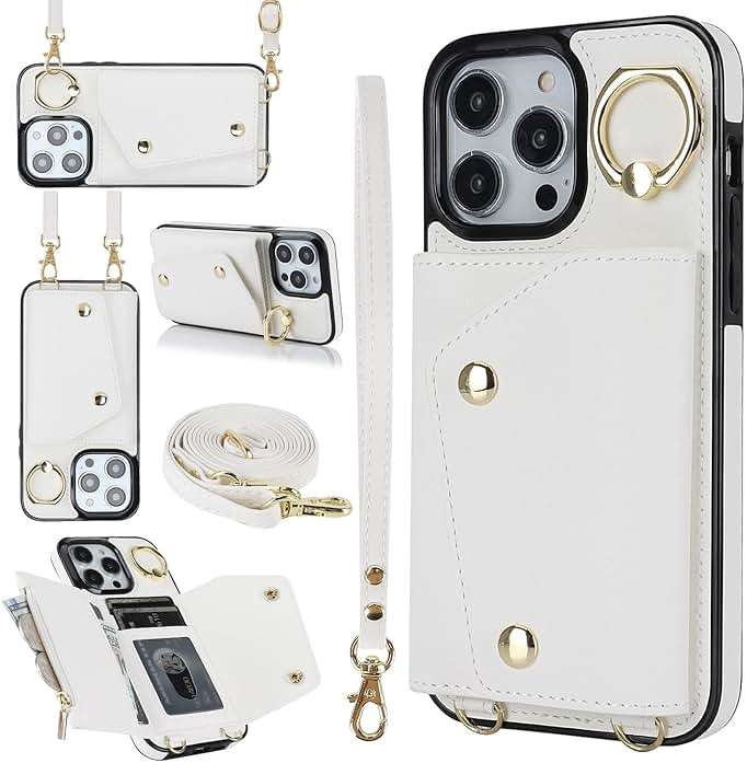 LUVI Compatible with iPhone 16 Pro Wallet Case with Card Holder Crossbody Neck Strap Lanyard Wrist Strap Purse for Women PU Leather Flip with Credit Card Kickstands Stand Cover White - Image 1