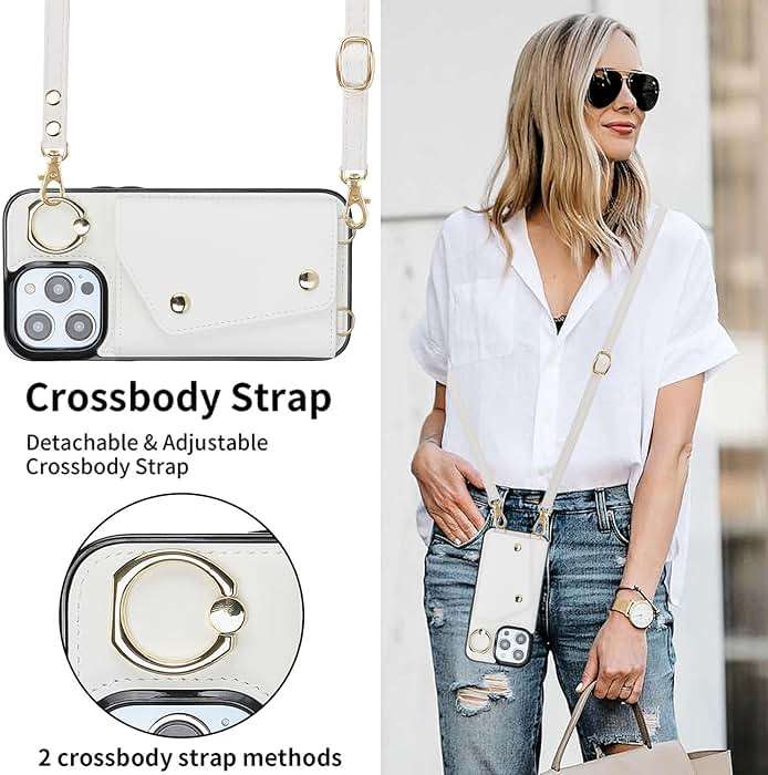 LUVI Compatible with iPhone 16 Pro Wallet Case with Card Holder Crossbody Neck Strap Lanyard Wrist Strap Purse for Women PU Leather Flip with Credit Card Kickstands Stand Cover White - Image 7