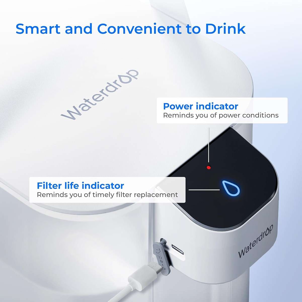 Waterdrop ED01W Electric Water Filter Pitcher, Reduce 99.6% of Lead and 45+ Impurities, 15-Cup 200-Gallon Capacity, Rechargeable Instant Dispenser, NSF/ANSI 42&53&401&372, Does not Lower TDS, White - Image 8