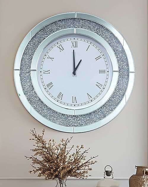 Artloge Crushed Diamond Wall Clock Round Decorative Mirrored Clock 32 inch Silver - Image 1