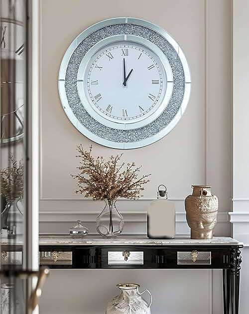 Artloge Crushed Diamond Wall Clock Round Decorative Mirrored Clock 32 inch Silver - Image 6