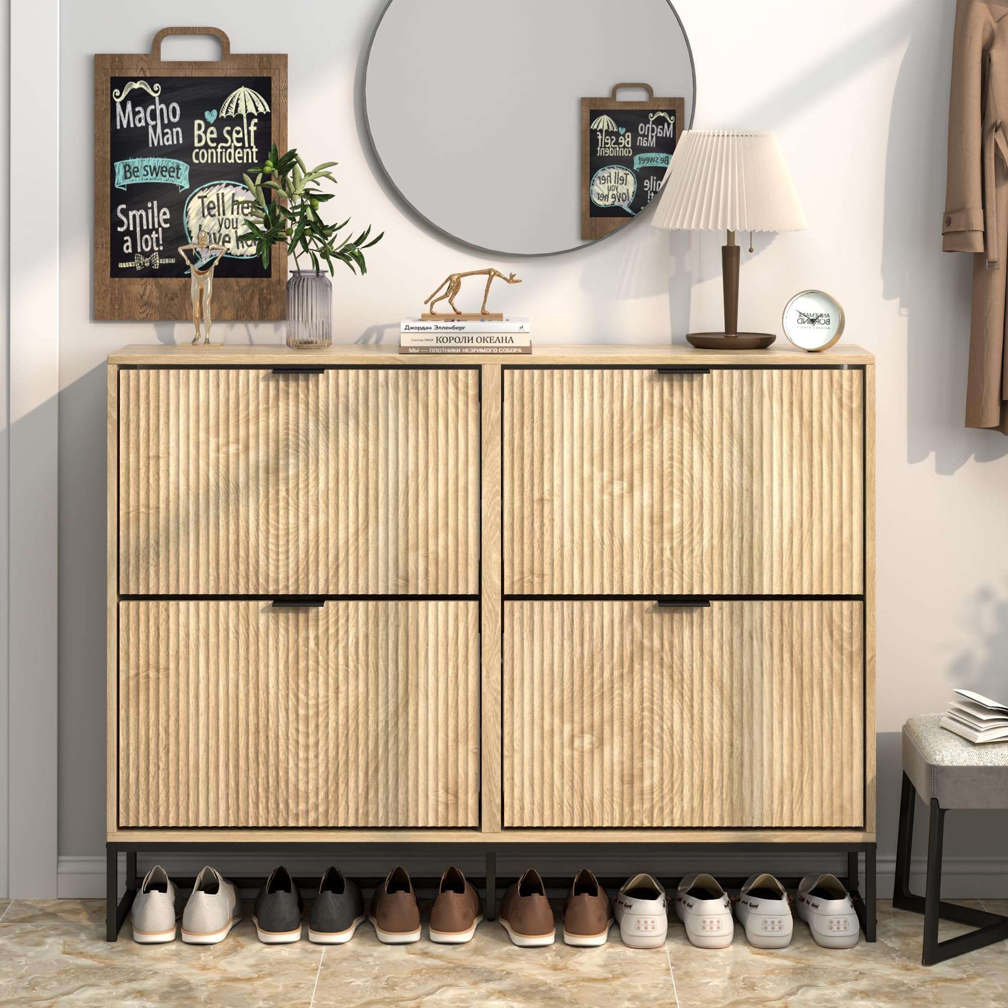 Jluomei Shoe Cabinet Storage for Entryway Slim Modern Shoe Rack Cabinet with 4 Flip Drawers Tipping Wooden Narrow Shoe Cabinet Freestanding Fluted Shoe Organizer for Living Room, Wood - Image 1