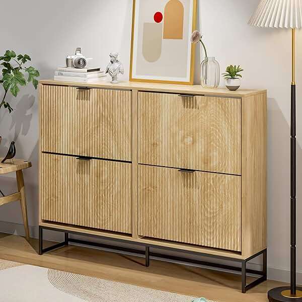 Jluomei Shoe Cabinet Storage for Entryway Slim Modern Shoe Rack Cabinet with 4 Flip Drawers Tipping Wooden Narrow Shoe Cabinet Freestanding Fluted Shoe Organizer for Living Room, Wood - Image 3