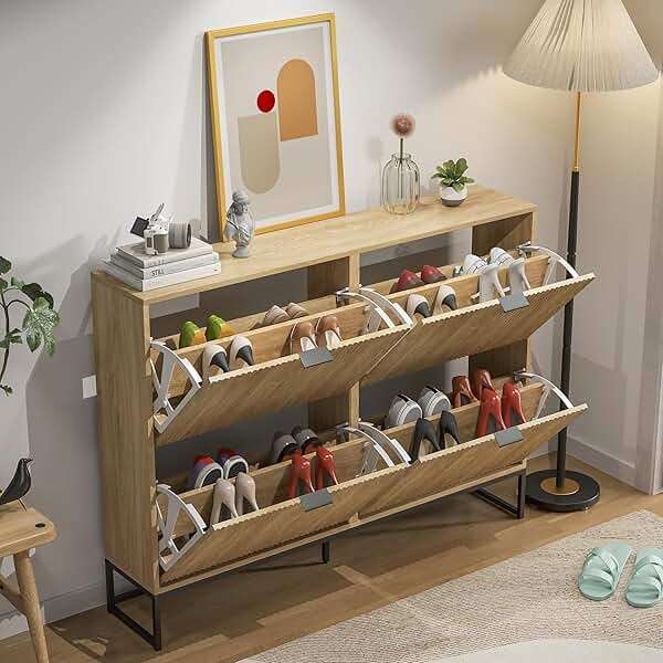 Jluomei Shoe Cabinet Storage for Entryway Slim Modern Shoe Rack Cabinet with 4 Flip Drawers Tipping Wooden Narrow Shoe Cabinet Freestanding Fluted Shoe Organizer for Living Room, Wood - Image 4
