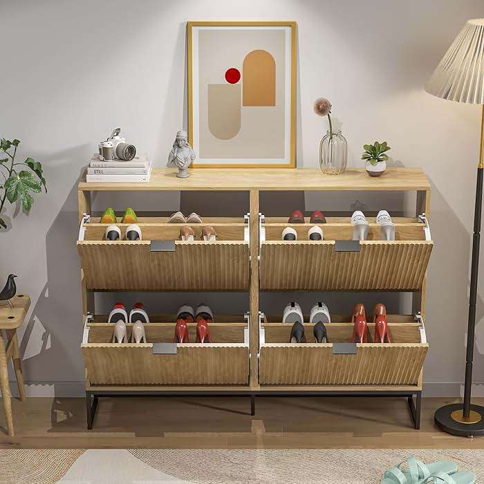 Jluomei Shoe Cabinet Storage for Entryway Slim Modern Shoe Rack Cabinet with 4 Flip Drawers Tipping Wooden Narrow Shoe Cabinet Freestanding Fluted Shoe Organizer for Living Room, Wood - Image 5